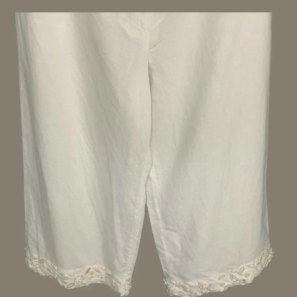 Spenser Jeremy Linen Blend Cropped Pants Women Size 12 White Shell Embellished